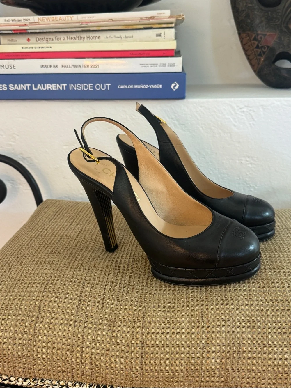 CHANEL Black Leather Slingback Platform Mules